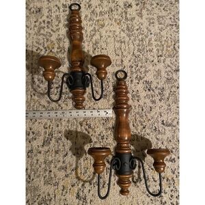 VTG WOOD WALL SCONCES BLACK METAL DOUBLE TAPER CANDLE HOLDERS RUSTIC COUNTRY